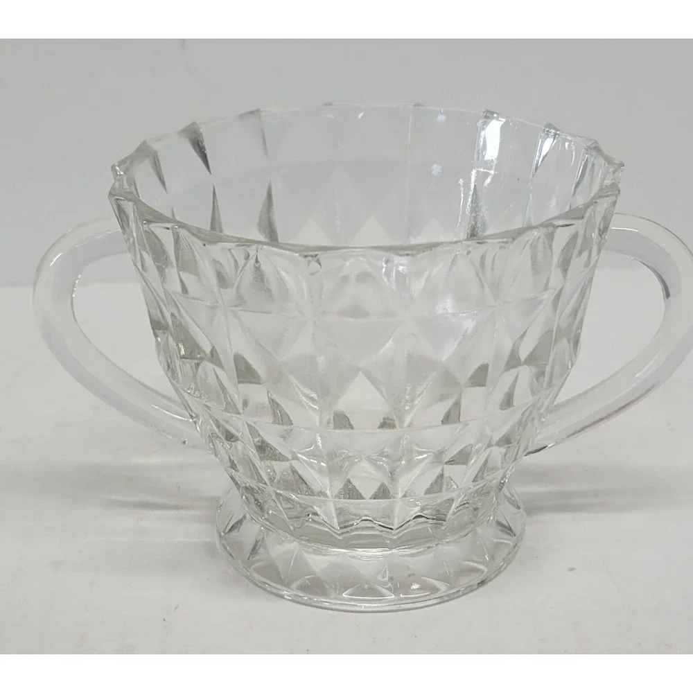 Vintage‎ Clear Diamond Point Pressed Glass Footed Sugar Bowl with Handles